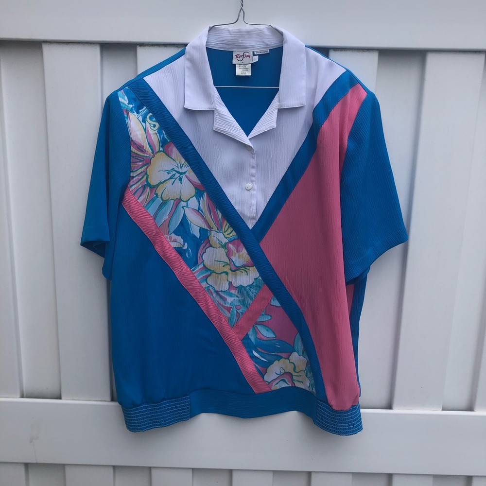 Vintage Multicolored Floral Half Button Up Collared Shirt Large Shoulder Pads